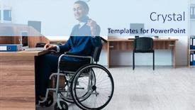  Presentation with business diversity wheel chair - Colorful presentation design enhanced with young-male-employee-in-wheel backdrop and a sky blue colored foreground