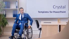  Presentation with business diversity wheel chair - PPT layouts with young-male-employee-in-wheel background and a sky blue colored foreground