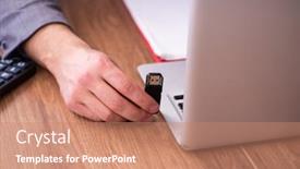  Presentation with flash - Cool new PPT layouts with young-male-employee-inserting-flash backdrop and a coral colored foreground