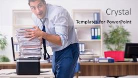  Presentation with employee - Slide set featuring young-male-employee-making-copies background and a sky blue colored foreground