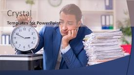  Presentation with employee - Amazing presentation theme having young-male-employee-making-copies backdrop and a coral colored foreground