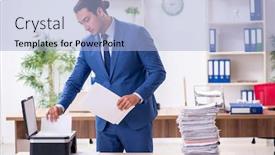  Presentation with employee - Beautiful presentation design featuring young-male-employee-making-copies backdrop and a light blue colored foreground