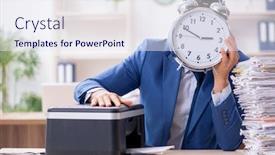  Presentation with employee - Presentation theme with young-male-employee-making-copies background and a sky blue colored foreground