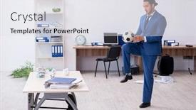  Presentation with football - PPT layouts having young-male-employee-playing-football background and a sky blue colored foreground
