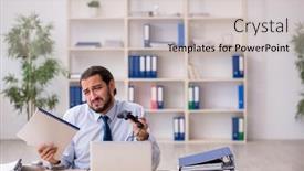  Presentation with employee - PPT theme enhanced with young-male-employee-playing-joystick background and a light gray colored foreground