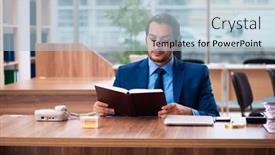  Presentation with employee - Cool new PPT theme with young-male-employee-reading-book backdrop and a light blue colored foreground