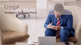  Presentation with employee - Slide set with young-male-employee-sitting background and a soft green colored foreground