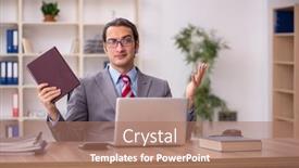  Presentation with reading - Presentation design consisting of young-male-employee-student-reading background and a coral colored foreground