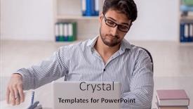  Presentation with employee - PPT theme consisting of young-male-employee-student-working and a light gray colored foreground