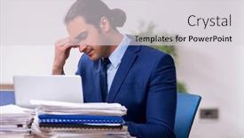  Presentation with unhappy - Cool new presentation design with young-male-employee-unhappy backdrop and a light gray colored foreground