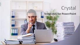  Presentation with unhappy - Amazing PPT theme having young-male-employee-unhappy backdrop and a white colored foreground