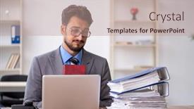  Presentation with unhappy - PPT layouts having young-male-employee-unhappy background and a coral colored foreground