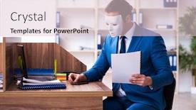  Presentation with employee - Colorful PPT theme enhanced with young-male-employee-wearing-mask backdrop and a lemonade colored foreground