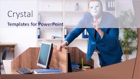  Presentation with employee - Cool new PPT theme with young-male-employee-wearing-mask backdrop and a sky blue colored foreground