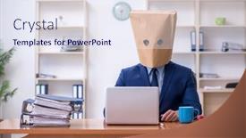  Presentation with employee - Colorful theme enhanced with young-male-employee-with-box backdrop and a sky blue colored foreground