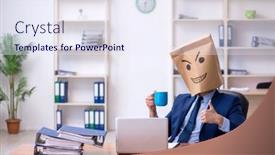  Presentation with employee - PPT theme with young-male-employee-with-box background and a sky blue colored foreground