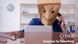  Presentation with employee - Slide deck consisting of young-male-employee-with-box background and a violet colored foreground