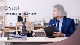  Presentation with skeletons - Audience pleasing presentation design consisting of young-male-employee-with-skeletons backdrop and a sky blue colored foreground