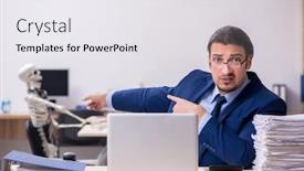  Presentation with skeletons - Cool new slide set with young-male-employee-with-skeletons backdrop and a white colored foreground