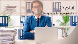  Presentation with tape - Slide set consisting of young male employee with tape on the mouth background and a lemonade colored foreground