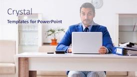  Presentation with employee - Amazing theme having young-male-employee-working backdrop and a sky blue colored foreground