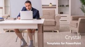  Presentation with employee - Amazing slide deck having young-male-employee-working backdrop and a coral colored foreground