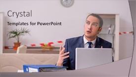  Presentation with employee - Audience pleasing slide deck consisting of young-male-employee-working backdrop and a light gray colored foreground