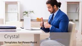  Presentation with employee - Presentation design with young-male-employee-working background and a soft green colored foreground