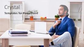  Presentation with employee - Beautiful presentation theme featuring young-male-employee-working backdrop and a sky blue colored foreground