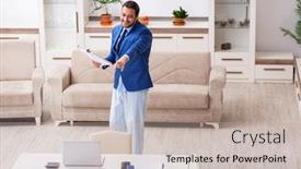  Presentation with house - Slide deck featuring young-male-employee-working background and a mint green colored foreground