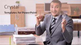  Presentation with employee - PPT layouts with young-male-employee-working background and a coral colored foreground