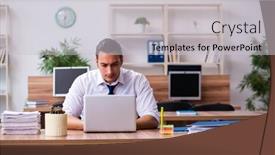  Presentation with employee - Slide set having young-male-employee-working background and a light gray colored foreground