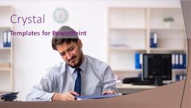  Presentation with employee - PPT theme consisting of young-male-employee-working background and a sky blue colored foreground