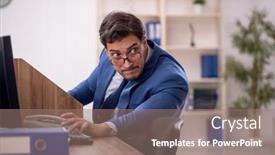  Presentation with employee - Slide set featuring young-male-employee-working background and a coral colored foreground