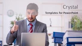  Presentation with employee - Presentation design featuring young-male-employee-working background and a light gray colored foreground