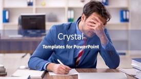  Presentation with employee - PPT theme featuring young-male-employee-working and a ocean colored foreground