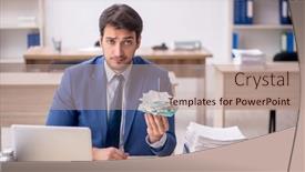  Presentation with employee - PPT layouts with young-male-employee-working background and a coral colored foreground