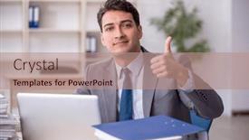  Presentation with employee - PPT theme featuring young-male-employee-working background and a  colored foreground