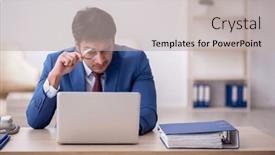  Presentation with employee - Slide set with young-male-employee-working background and a light gray colored foreground