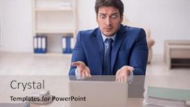  Presentation with employee - Slide set consisting of young-male-employee-working background and a light gray colored foreground