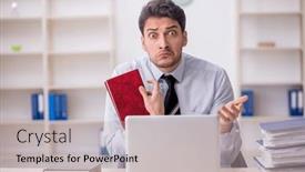  Presentation with employee - PPT theme consisting of young-male-employee-working background and a soft green colored foreground