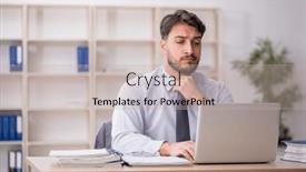  Presentation with employee - Presentation design having young-male-employee-working background and a mint green colored foreground