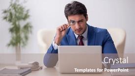  Presentation with employee - PPT theme having young-male-employee-working background and a coral colored foreground