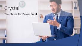  Presentation with employee - Presentation theme with young-male-employee-working background and a sky blue colored foreground