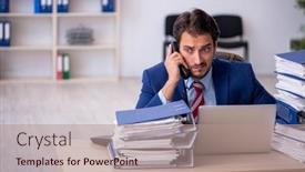  Presentation with employee - Presentation theme having young-male-employee background and a coral colored foreground