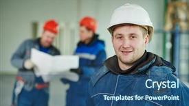  Presentation with young students working in groups - PPT layouts with young male engeneer worker background and a ocean colored foreground