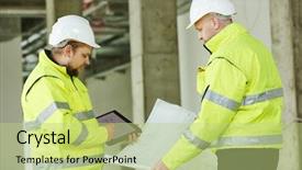  Presentation with foreman - Slide deck having young male engeneers workers foreman background and a mint green colored foreground