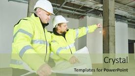  Presentation with foreman - Colorful theme enhanced with young male engeneers workers foreman backdrop and a mint green colored foreground
