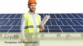  Presentation with solar - Presentation theme enhanced with young-male-engineer-holding-blueprints background and a soft green colored foreground