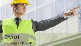  Presentation with digital industry - Amazing PPT theme having young male engineer with digital tablet pointing away outside industry backdrop and a mint green colored foreground